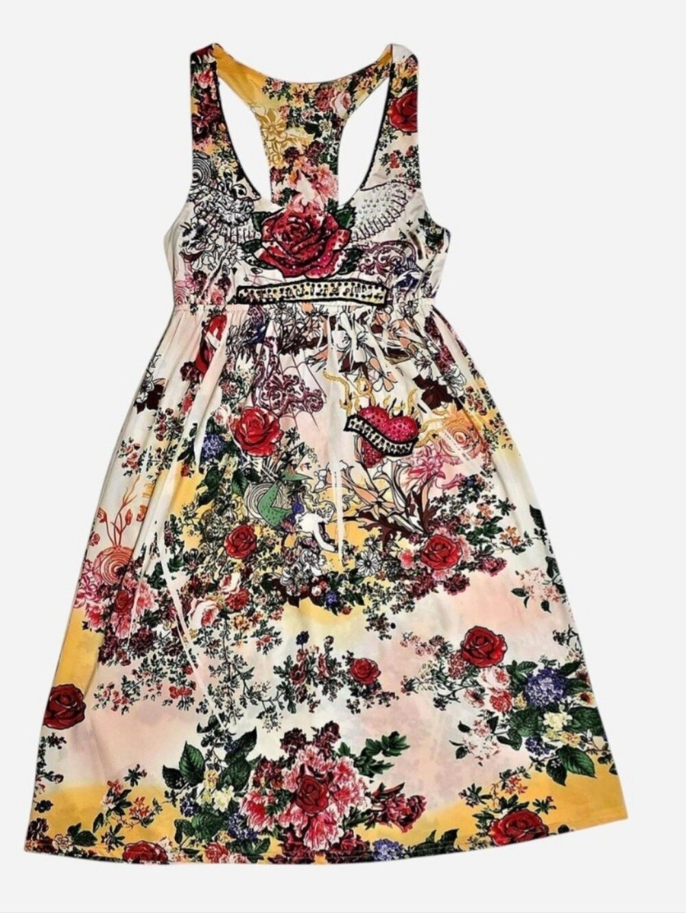 Y2K Floral Rose Tattoo Dress • Rhinestone McBling 2000s, Trashy Chic, Ed Hardy